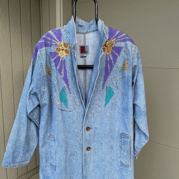 ✨ VTG 80s Sunbelt Denim Statement Trench w/ Glitter Puff Paint – M/L ✨ - Picture 5 of 8